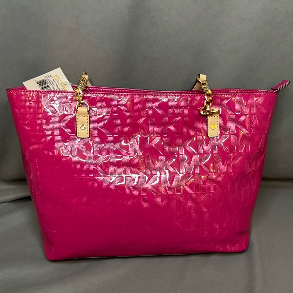 Michael Kors Hot Pink Patent Logo Tote with Gold Hardware